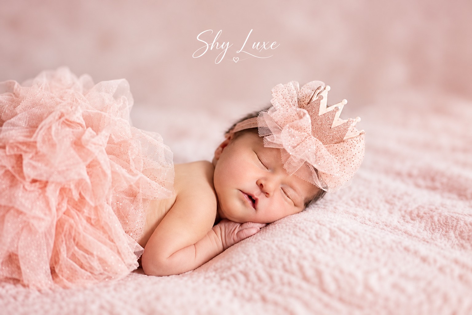 Sleeping newborn in a blush pink tulle gown and crown photographed by Shy Luxe.
