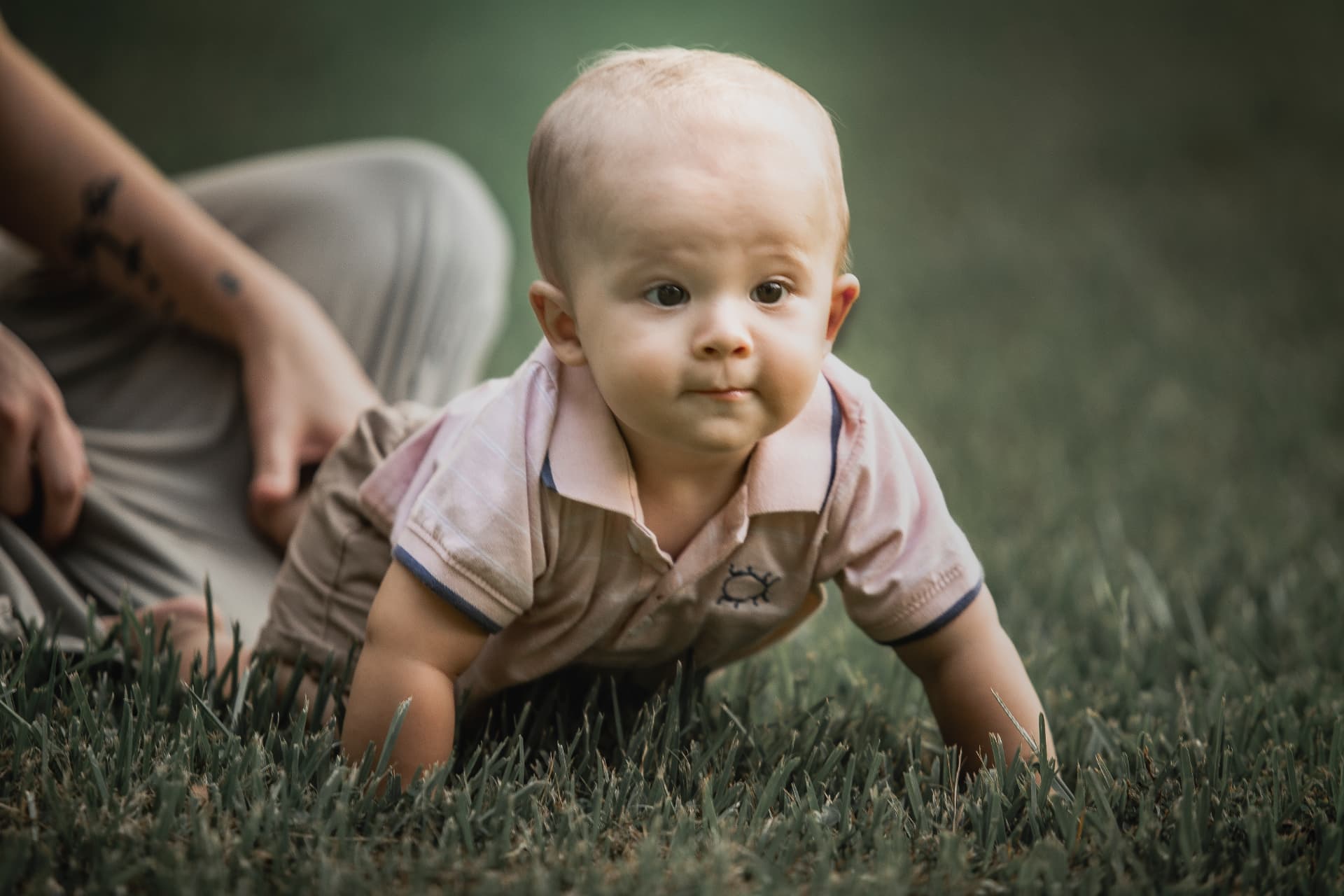 Baby in a pink polo shirt crawling through the grass with a parent sitting close behind