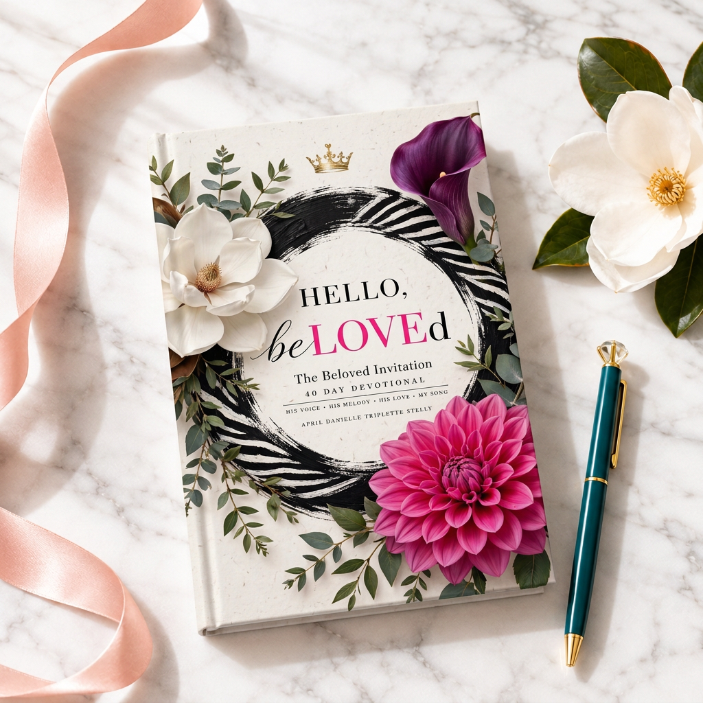 The Beloved Invitation devotional in its cream zebra-arch cover, styled on marble with a blush ribbon, a magnolia, and a pen